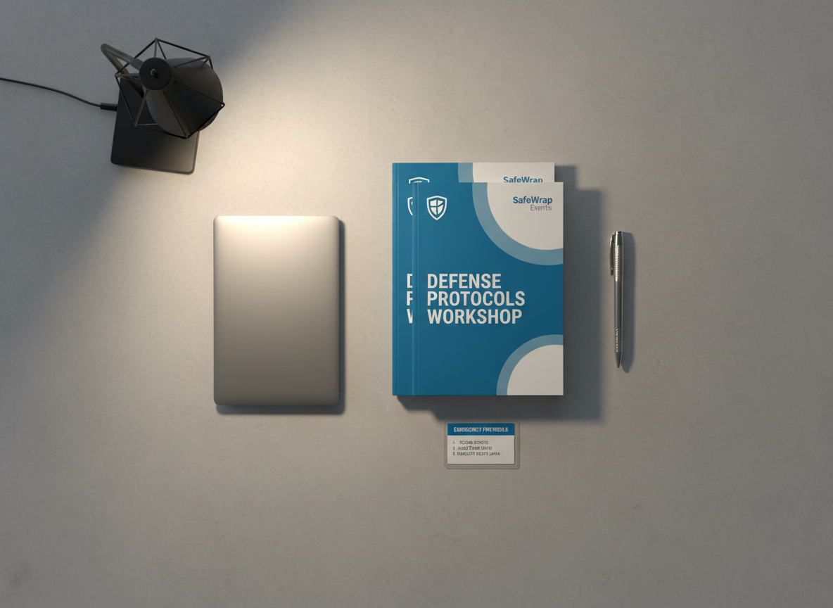 A detailed tabletop layout for a corporate defense awareness workshop, set on a smooth, light concrete surface: a neatly stacked set of branded SafeWrap Events workbooks with clean blue-and-gray covers, a high-quality stainless-steel pen, a closed slim laptop with a matte silver finish displaying a subtle reflection, and a laminated card outlining emergency protocols in concise bullet points. A small, geometric desk lamp with a black metal frame casts focused, warm-white light from the side, creating distinct yet soft-edged shadows and gentle highlights on the metallic surfaces. Shot from an overhead, bird’s-eye perspective with edge-to-edge sharpness, the composition is symmetrical and organized. The mood is professional, focused, and clarity-driven, rendered in crisp photographic realism suitable for promoting defense training seminars and registration pages.