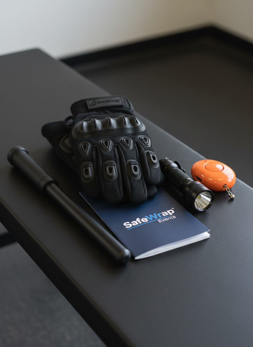 A close-up, detailed view of essential personal safety gear arranged with precision on a dark, non-reflective training bench: a pair of black, high-impact protective gloves with reinforced knuckles, a compact tactical flashlight with a textured grip, a bright orange personal alarm device, and a slim, closed training baton with rubberized handle. A folded, navy-blue safety guideline booklet with the SafeWrap Events logo sits beneath the gear, its pages slightly fanned. Soft side lighting from an unseen window creates crisp highlights on the metal surfaces and gentle shadows that define texture. Shot from a slightly elevated, tight composition with shallow depth of field, the background falls into a subtle blur, keeping focus on the equipment. The mood is serious, trustworthy, and instructional, in clean photographic realism suited for a resources or gear checklist page.