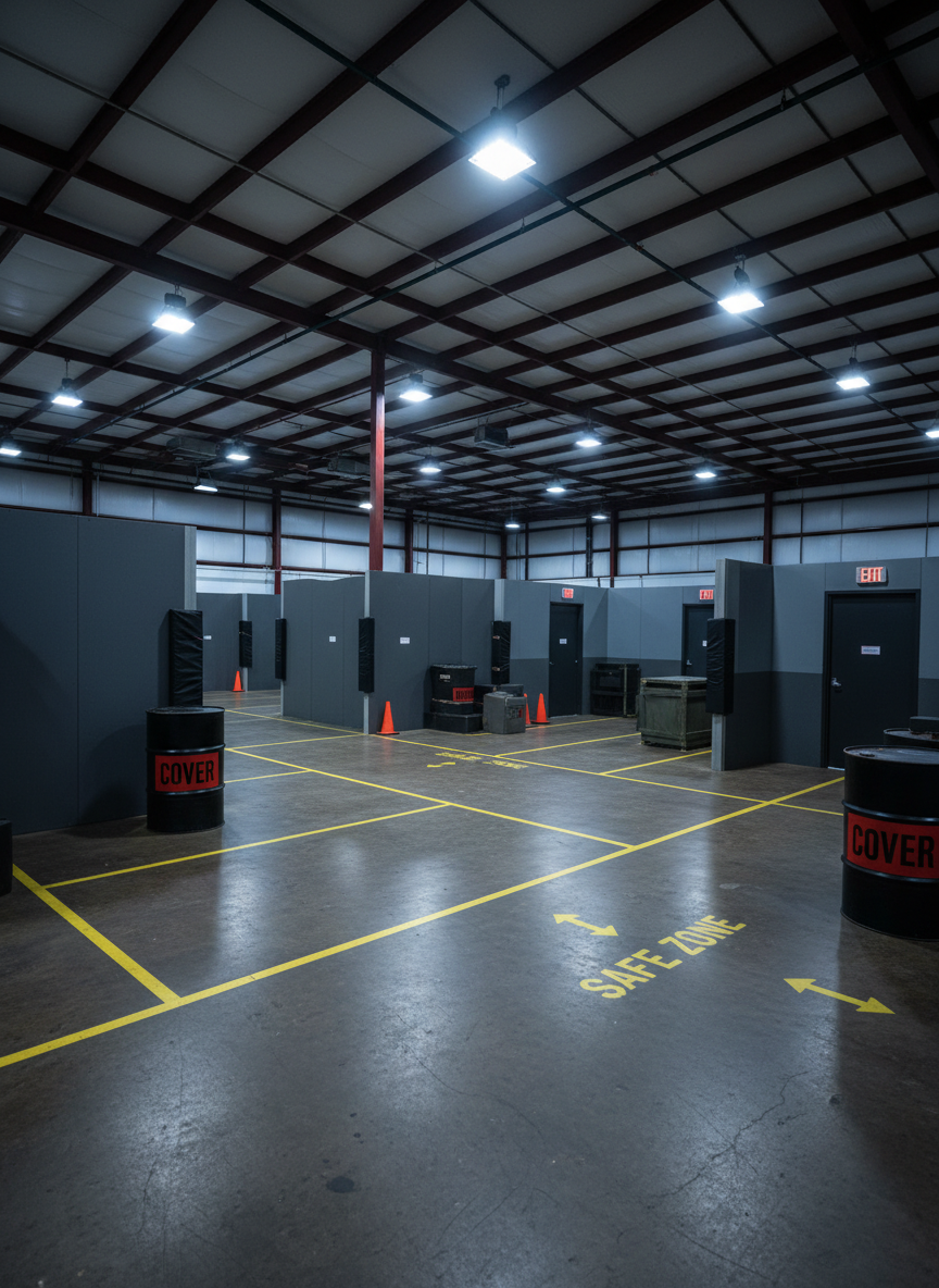 A spacious, indoor scenario-based defense training setup inside a warehouse-style facility, featuring movable modular walls painted in muted grays to simulate hallways, clearly marked exits with illuminated signage, and strategically placed foam obstacles labeled as “cover” and “blind spot.” Bright yellow floor markings indicate safe zones and movement paths. Overhead, industrial LED panels generate bright, even lighting, while a few focused spotlights create controlled pockets of shadow for realistic practice. The image is photographed from a slightly low, wide-angle perspective, emphasizing depth and multiple pathways. Cones, mock doors, and padded barriers are positioned in the mid-ground and background, all in sharp focus. The overall feel is immersive yet safe and controlled, with a highly professional, photographic realism perfect for illustrating advanced scenario training events.