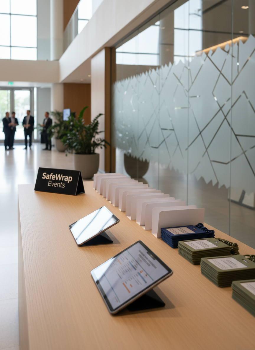 A neatly arranged defense training registration desk set up in a modern conference lobby, featuring a matte black metal sign that reads “SafeWrap Events” beside organized rows of crisp white registration folders, color-coded name badge holders, and sleek digital tablets displaying event schedules. The desk surface is a smooth, light oak finish with a subtle grain, backed by a frosted glass wall with a faint geometric pattern. Soft, diffused daylight from tall windows creates gentle reflections on the tablets and mild shadows under the folders. Photographed at eye level with sharp focus and a slight depth falloff toward the background, the mood is professional, orderly, and reassuring, with a clean, photographic realism ideal for a defense training events homepage hero image.