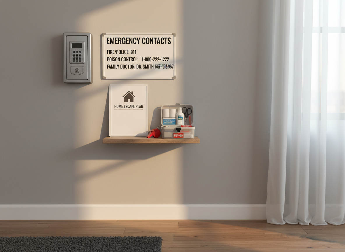 A compact home safety training corner staged in a modern living room, showing a sturdy, wall-mounted lockbox, a clearly labeled emergency contact board, and a small open shelf holding a laminated safety plan, a whistle, and a compact first-aid kit with neatly arranged contents visible through a transparent lid. The wall is painted a soft, neutral gray, and the floor is warm-toned wood with a low-pile charcoal rug partially visible. Late afternoon natural light filters through a sheer curtain, creating a gentle, warm glow and elongated, soft shadows on the wall. Photographed at eye level with a balanced, rule-of-thirds composition and moderate depth of field, the scene feels approachable, orderly, and reassuring. The photographic realism and clean, minimal styling make it ideal for a practical safety resources or at-home preparedness article.
