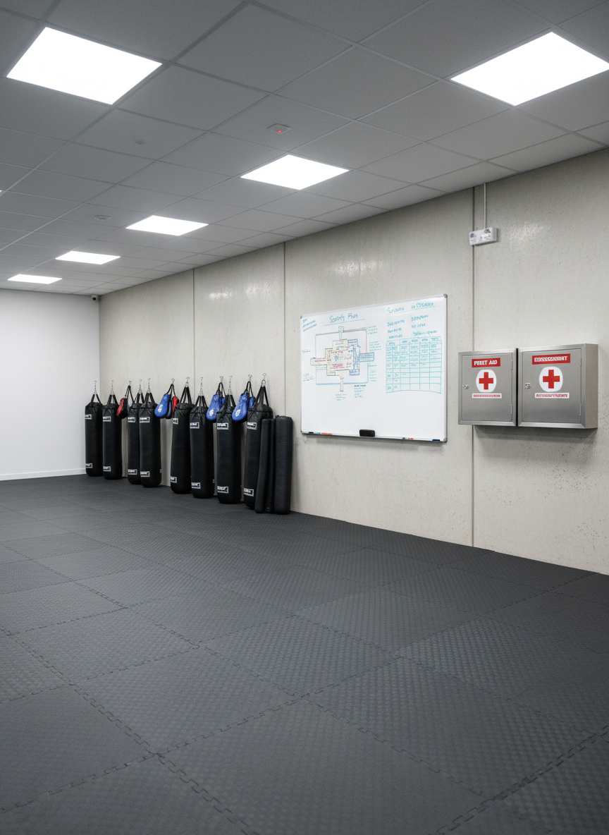 A meticulously laid-out self-defense training area in a bright, modern gym space, showing interlocking dark gray foam mats forming a clean grid across the floor and a row of neatly aligned heavy training pads and focus shields along one wall. A large whiteboard with a color-coded safety plan and session schedule is mounted on a smooth concrete wall, next to clearly labeled first-aid and emergency equipment cabinets. Cool, even overhead LED lighting casts soft, minimal shadows, emphasizing clarity and order. Captured from a slightly elevated corner angle, the composition highlights the entire training zone with sharp focus and balanced lines. The atmosphere is calm, controlled, and highly professional, rendered in photographic realism to convey preparedness and safety-focused instruction.